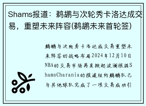 Shams报道：鹈鹕与次轮秀卡洛达成交易，重塑未来阵容(鹈鹕未来首轮签)