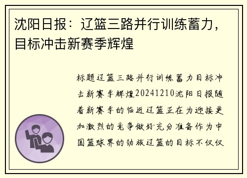 沈阳日报：辽篮三路并行训练蓄力，目标冲击新赛季辉煌