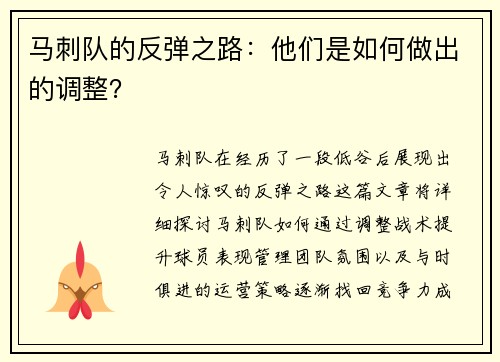 马刺队的反弹之路：他们是如何做出的调整？